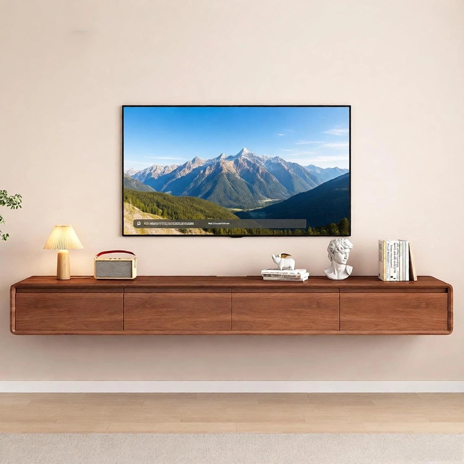 Meuble TV suspendu en bois massif, placard mural (240 cm), montage mural, chambre à coucher, petit appartement, salon, étroit
