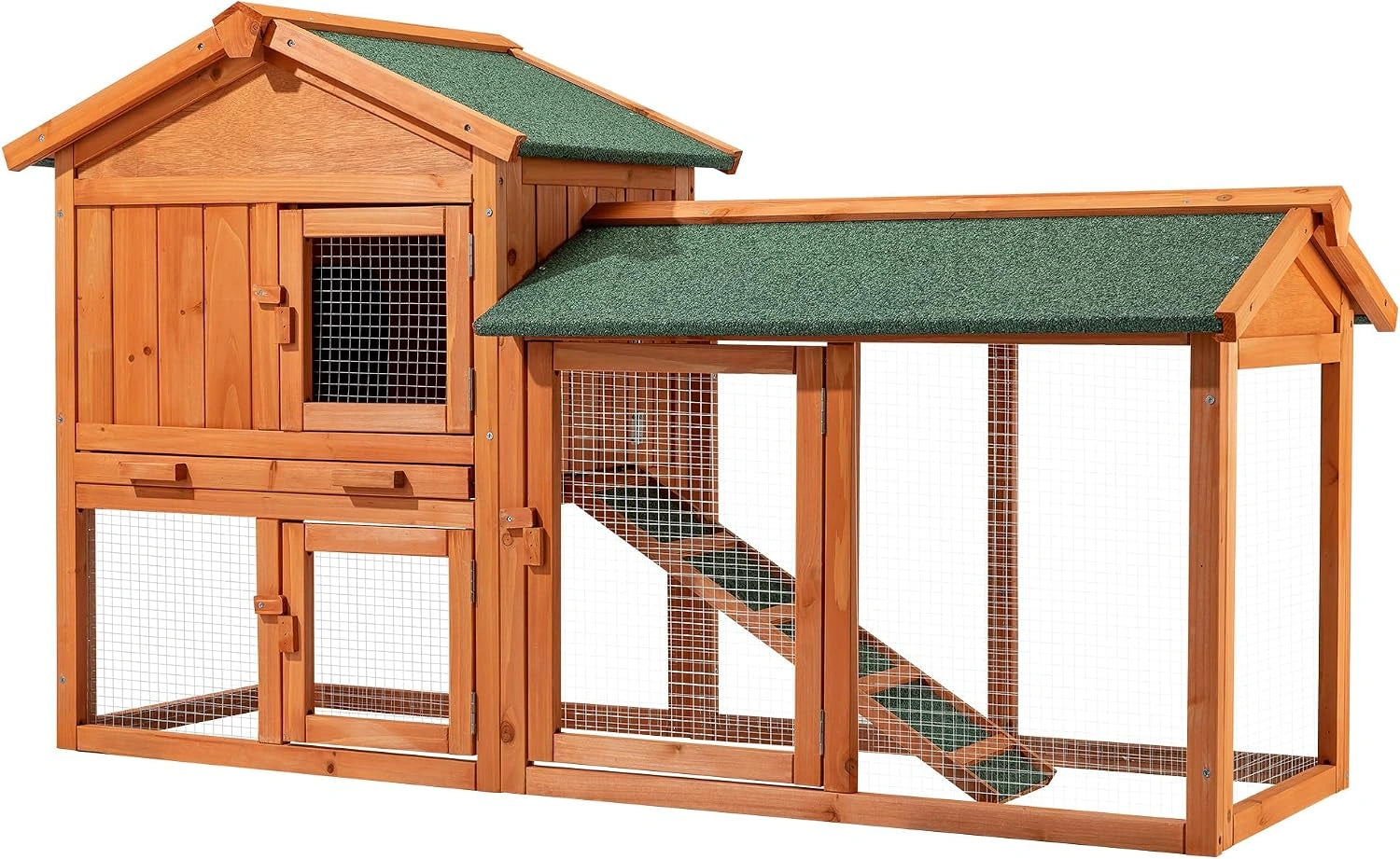 Wiltec Clapier, 1470 x 520 x 855 mm, 2 étages, Toit bitumé, Bois Sapin, avec Rampe, Enclos et bac Amovible