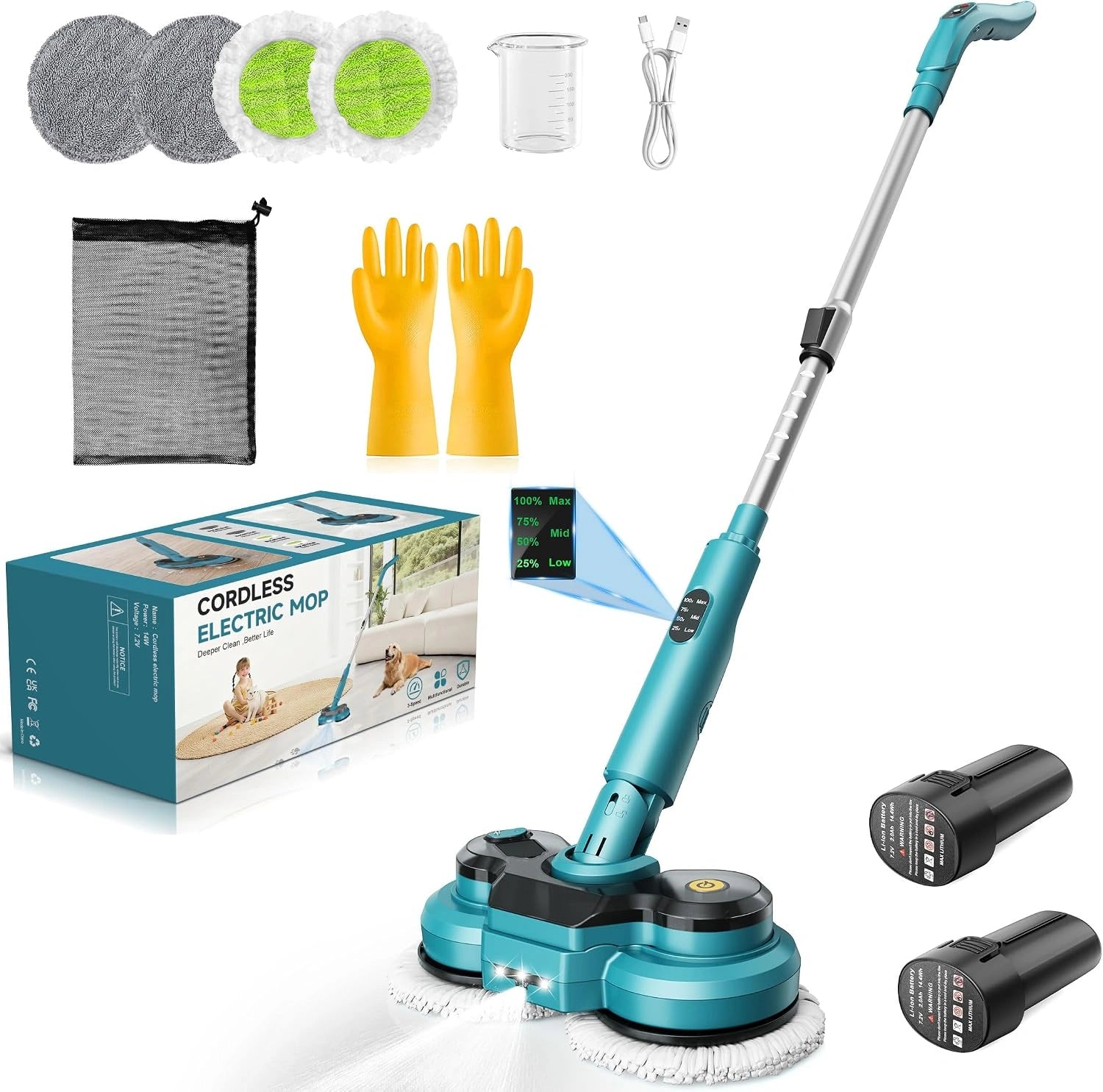 Balai Électrique Sans Fil avec 2 Batteries de 2000 mAh, Serpillere Electrique avec Réservoir d'eau de 300 ML Pour Sols Multiples