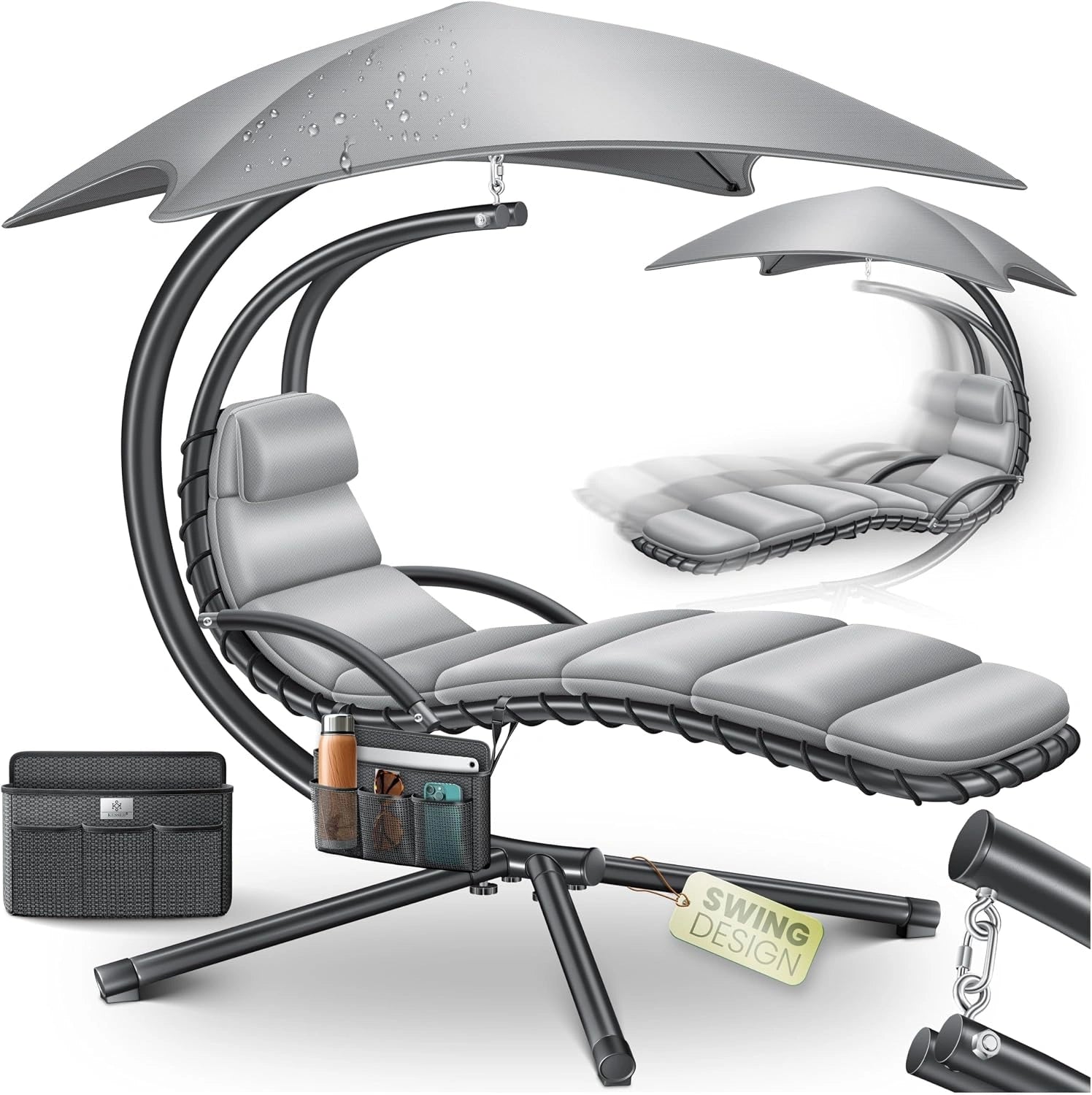 KESSER Chaise longue flottante avec parasol, chaise longue H200, L194, B100 cm, charge jusqu'à 120 kg, chaise longue suspendue, coussin de nuque, sac