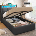 DICTAC Lit Coffre 90x200 avec éclairage LED et Prise, Gris Foncé-sans Matelas, Lit Enfant 90x200 avec Rangement et Tete de Lits, Lits Rembourré en Lin