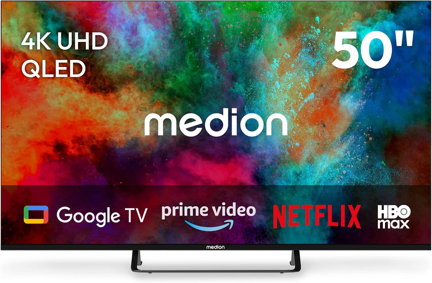 MEDION 125.7 cm 50' Téléviseur QLED Smart TV 4K Dolby Vision HDR Prime Video Disney+ Compatible Google TV PVR Bluetooth, MD850701