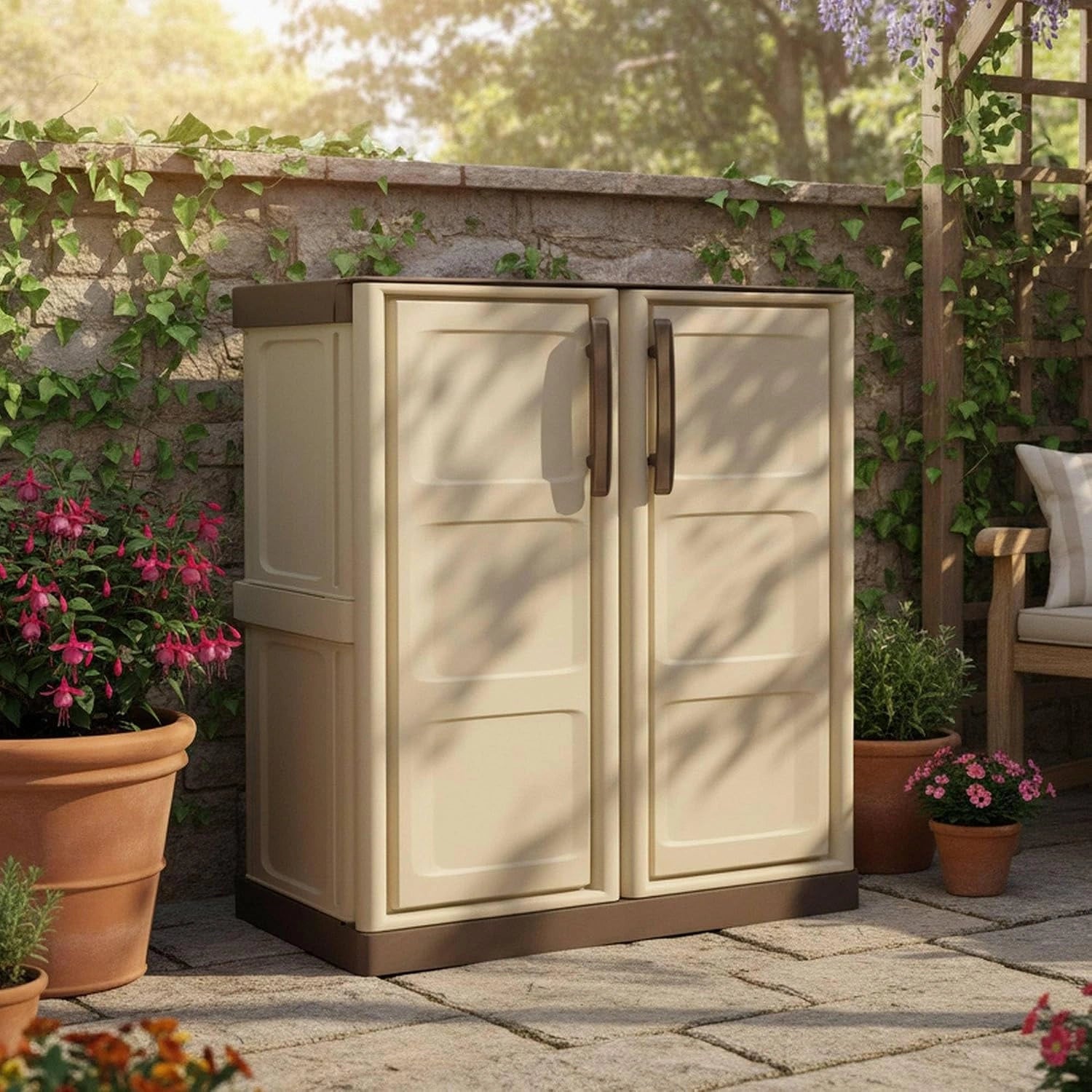 Dmora - Armoire d'extérieur Courtrai, Beige et Marron, Mobilier d'extérieur avec 2 Portes, 100% Made in Italy, 70x39h86 cm, Finition à Carreaux