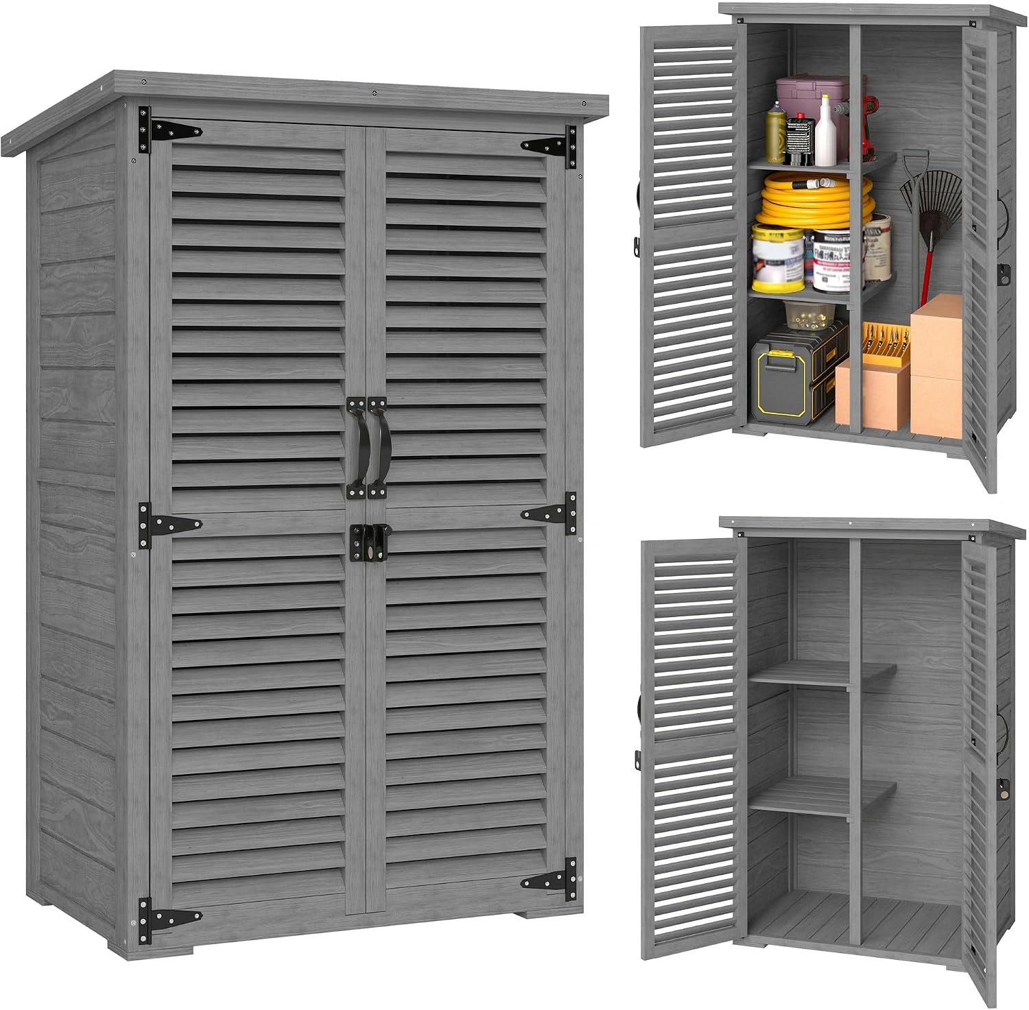 Outsunny Armoire de Jardin Remise pour Outils en Bois 75x50x118 cm Gris, 2 Étagères, Toit Bitumé, Portes Persiennes, Rangement Extérieur