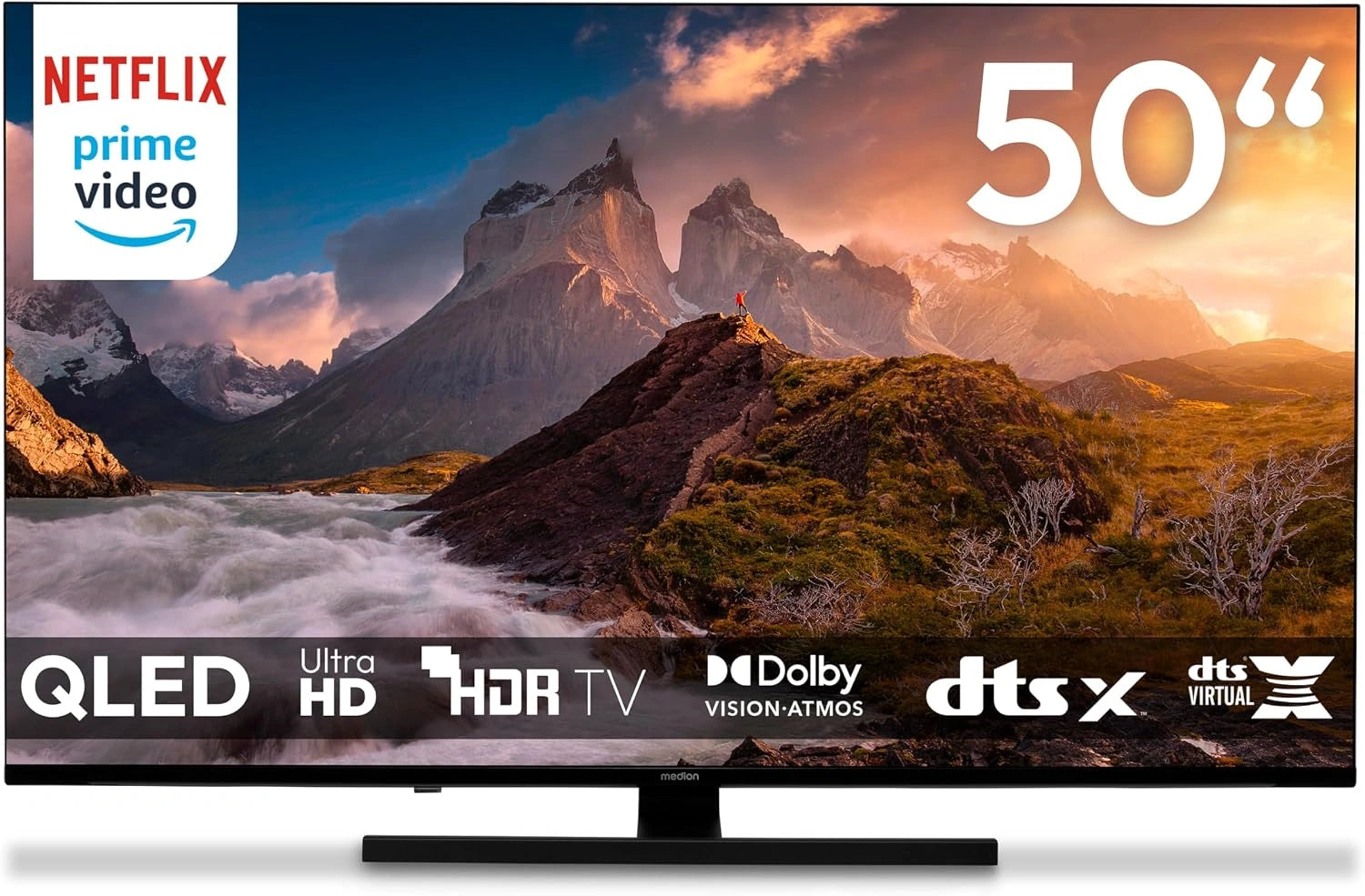 MEDION TV 50 Pouces (125,7 cm) QLED Television (Smart TV, 4K, MD 850700), Dolby Vision HDR, Prime Video, Dolby Atmos, DTS X, Compatible avec Google TV