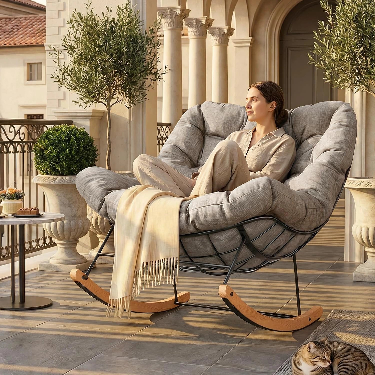 FLEXISPOT Fauteuil à Bascule avec Coussin et Appui-Tête, Balancement Doux, Design Lumineux et Élégant, pour Salon Balcon Terrasse Jardin