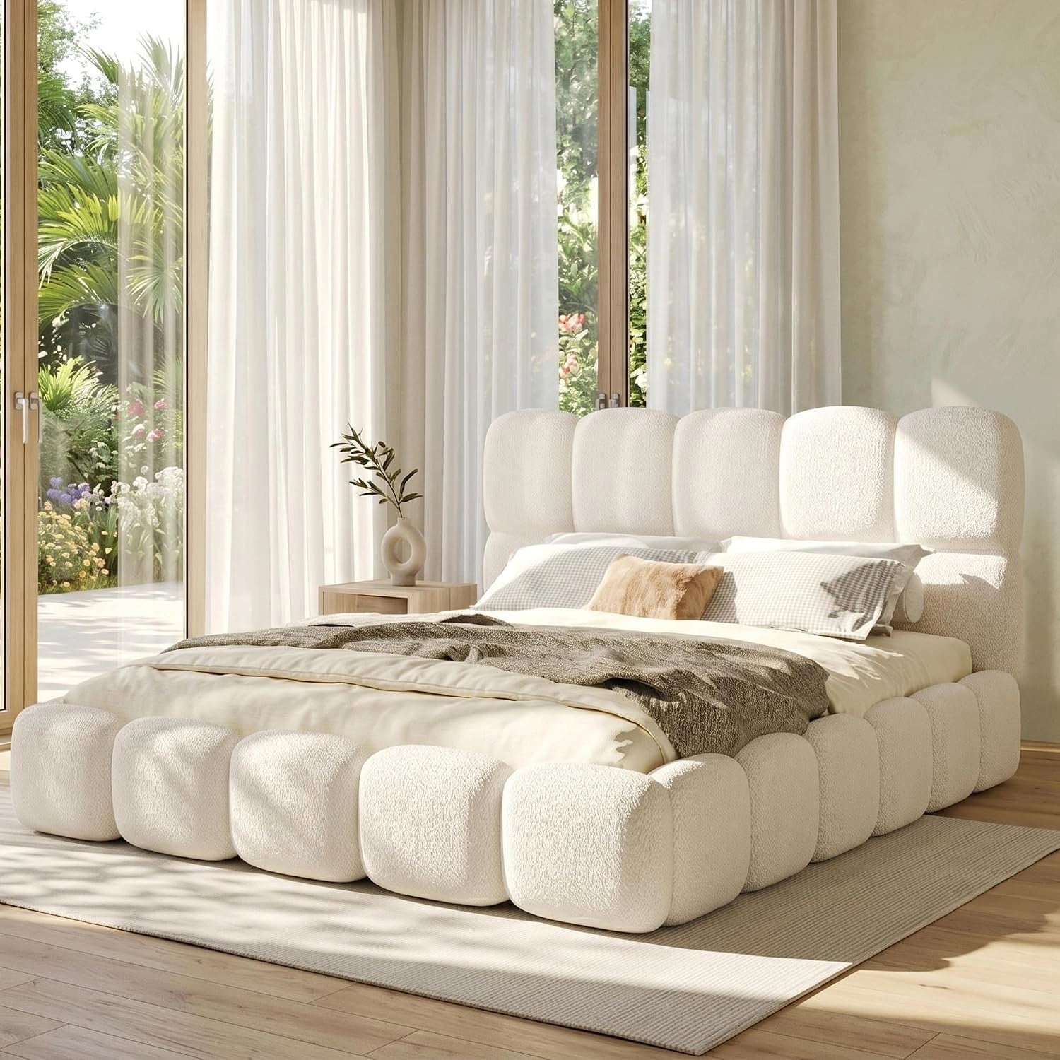 Lit rembourré 180 x 200 cm avec coffre de lit et sommier à lattes, blanc (180 x 200 cm), Lit capitonné bouclé avec coffre de lit hydraulique