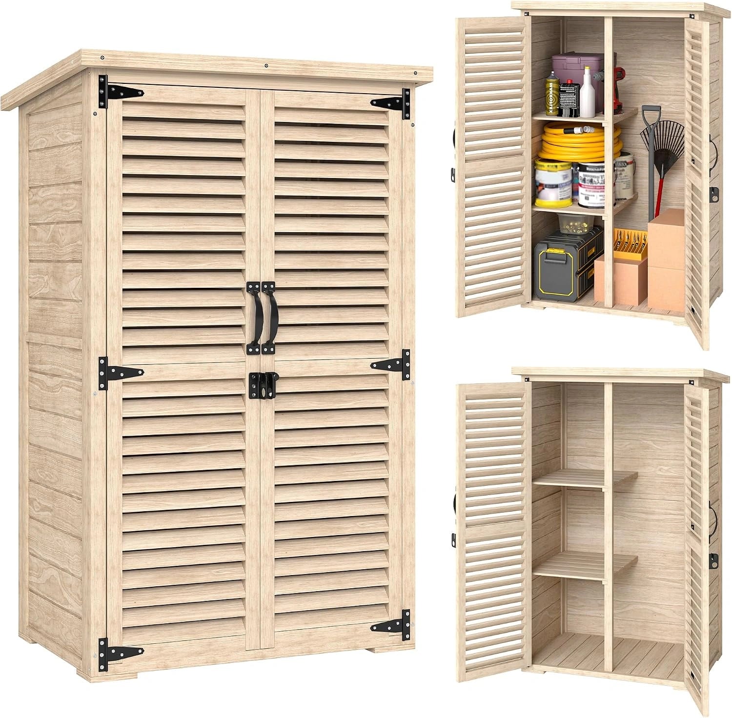 Outsunny Armoire de Jardin Remise pour Outils en Bois 75x50x118 cm Naturel, 2 Étagères, Toit Bitumé, Portes Persiennes, Rangement Extérieur