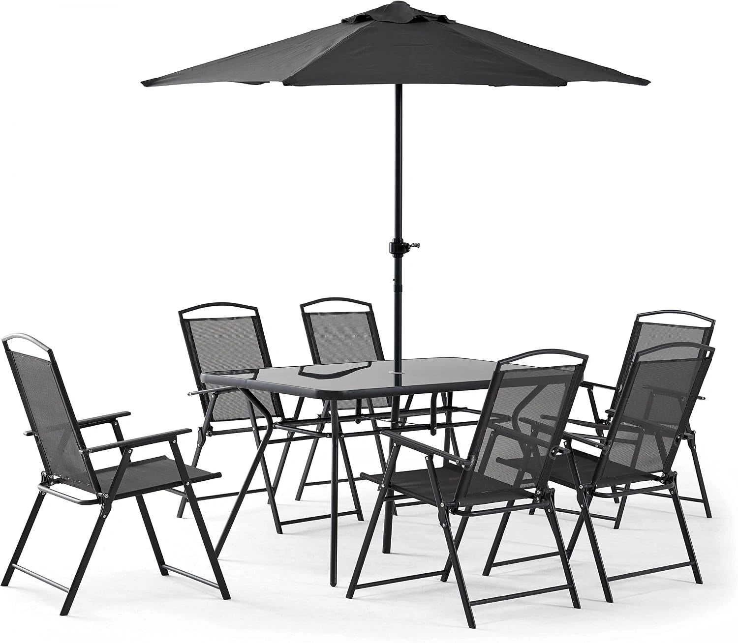 Oviala Salon de Jardin Table et 6 chaises Pliantes avec Parasol Central, fauteuil, 0,9 mm, 140 cm