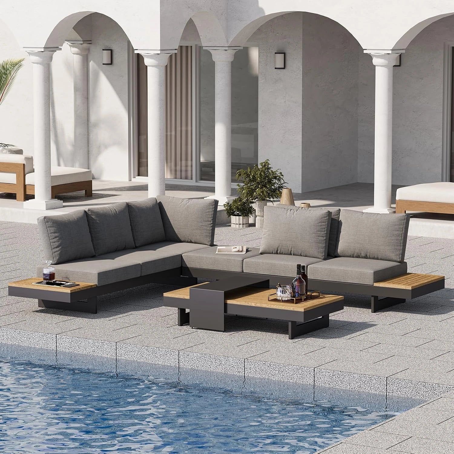 Homary Salon de Jardin Modulaire 6–8 Personnes, Canapé d'Extérieur Aluminium et Teck, Ensemble de Jardin avec Dossiers Réglables, Terrasse et Jardin