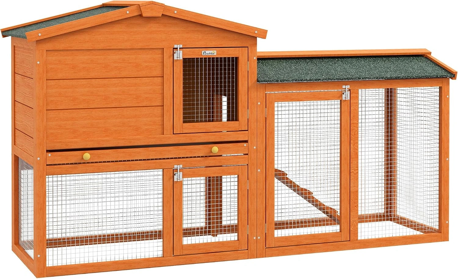 PawHut Clapier Cage À Lapins Rongeurs 2 Niveaux 150 L x 45 l x 85 h cm, 3 Portes Verrouillables, Tiroir À Déjection, Bois Massif Sapin