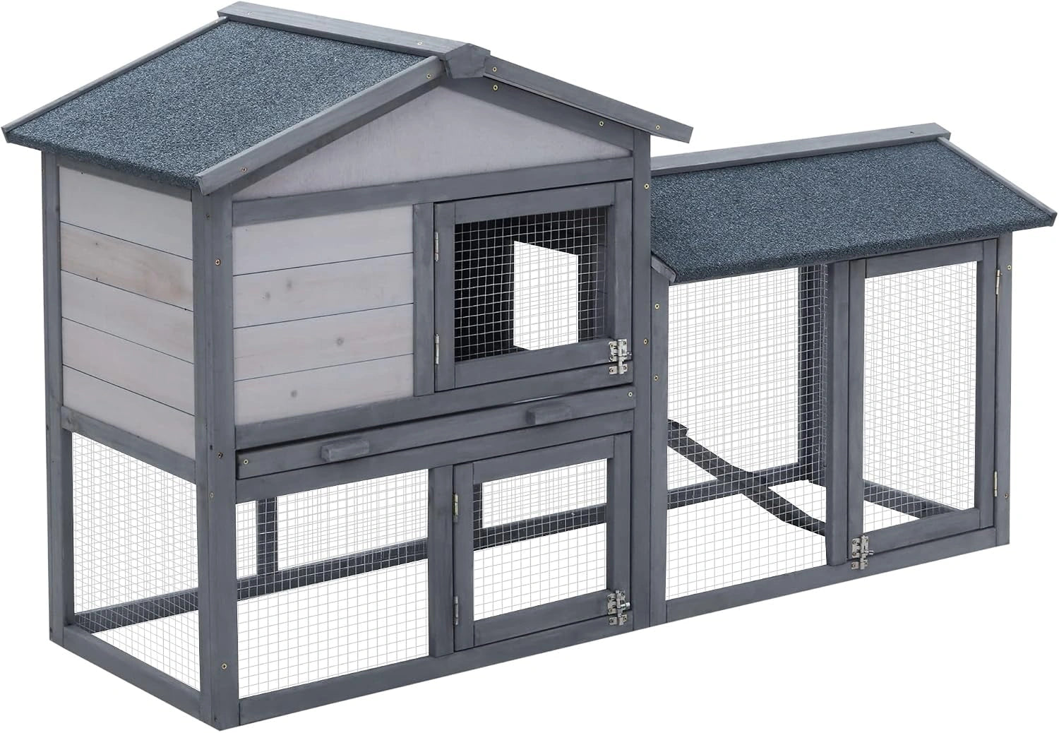 PawHut Clapier Cage à Lapins Rongeurs 2 Niveaux 147 L x 54 l x 84 h cm Gris, 3 Portes Verrouillables, Clapier Lapin Nain, Tiroir à Déjection