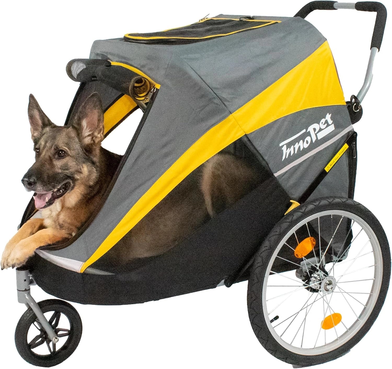 Innopet Hercules 2.0 Remorque pour chien de grande taille Jaune/Gris - Poussette robuste pour chiens jusqu'à 50 kg - Housse de pluie - Pneus