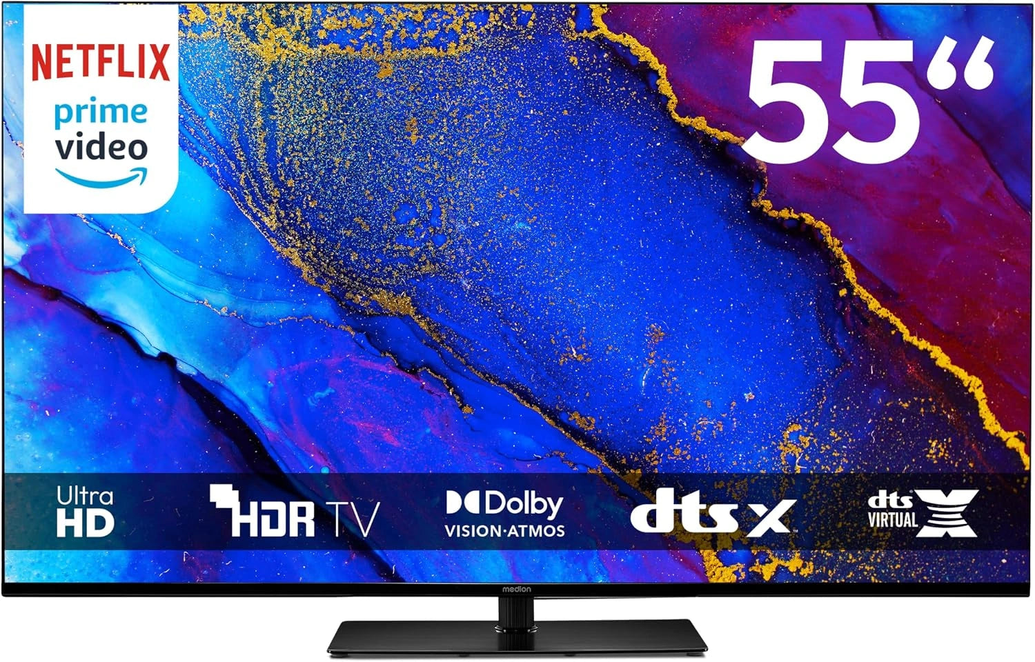 MEDION TV 55 Pouces (138,8 cm) Television (Smart TV, 4K, MD 855400), Dolby Vision HDR, Prime Video, Dolby Atmos, DTS X, compatibles avec Google TV
