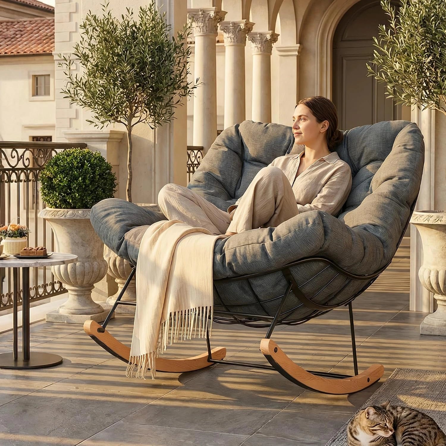 FLEXISPOT Fauteuil à Bascule avec Coussin et Appui-Tête, Balancement Doux, Design Lumineux et Élégant, pour Salon Balcon Terrasse Jardin