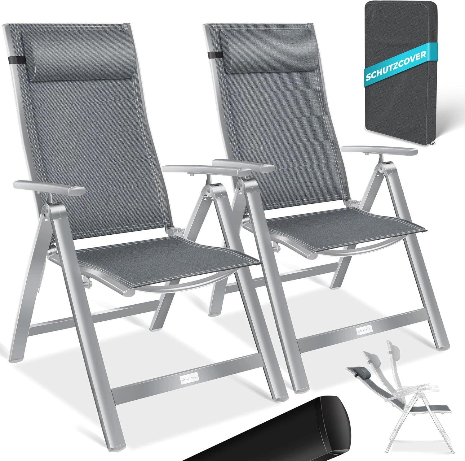 KESSER Chaise de Jardin à Dossier Haut avec accoudoirs, Gris Clair, Lot de 2, avec Dossier réglable en 7 Positions, Respirante, Pliable, Antidérapante